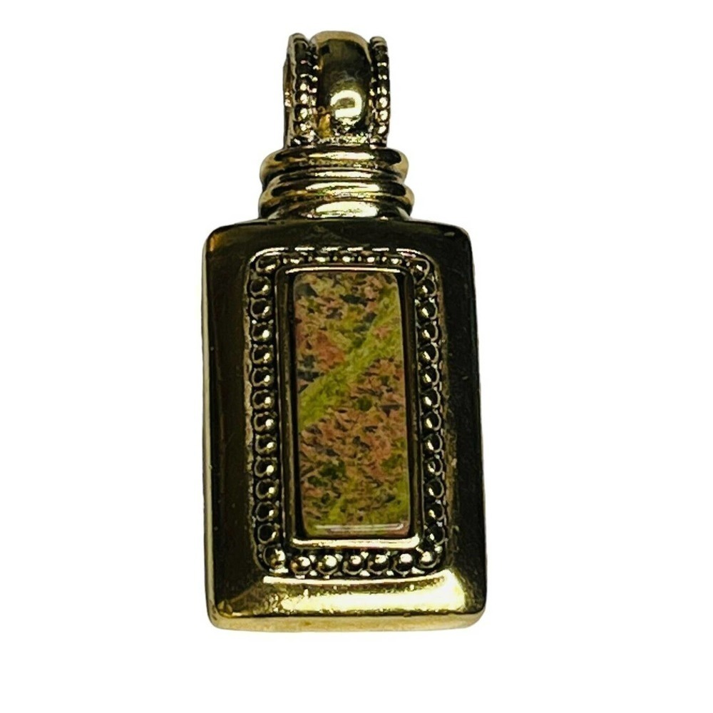 Vintage Roman Gold Tone Unakite Polished Stone Rectangle Pendant Jewelry